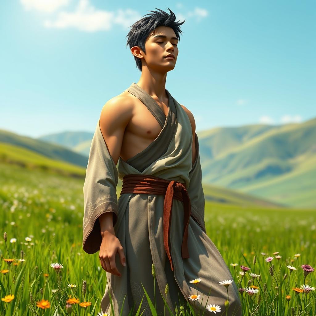 A male half-elf monk with short dark hair stands gracefully in an open field, surrounded by vibrant green grass and wildflowers