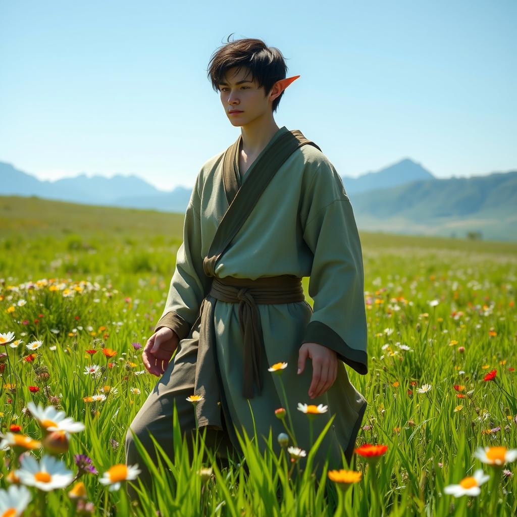 A male elf monk with short dark hair, wearing traditional monk robes, standing in an open field filled with vibrant green grass and wildflowers