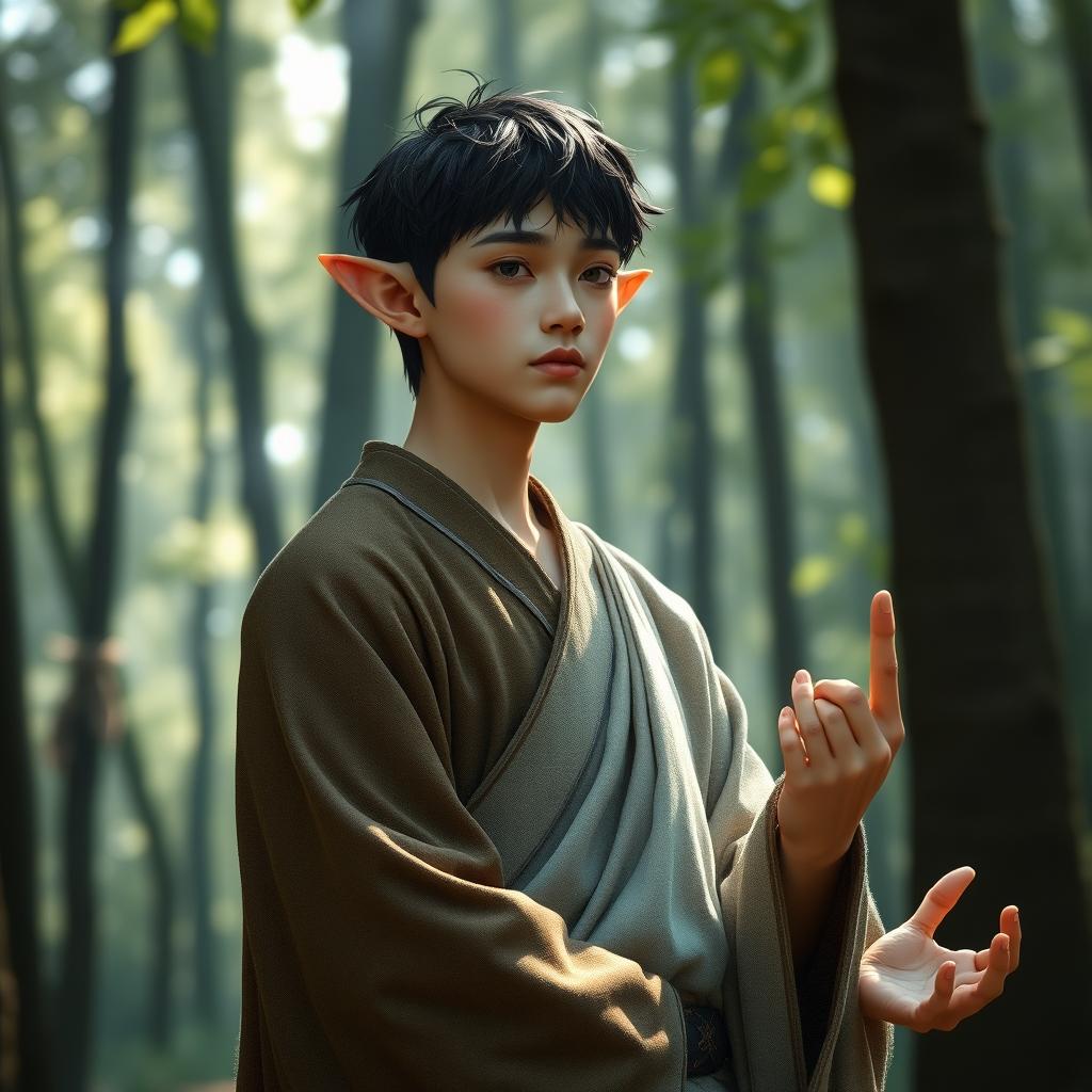 A male elf monk with short dark hair, wearing traditional monk attire with intricate patterns and natural earth tones