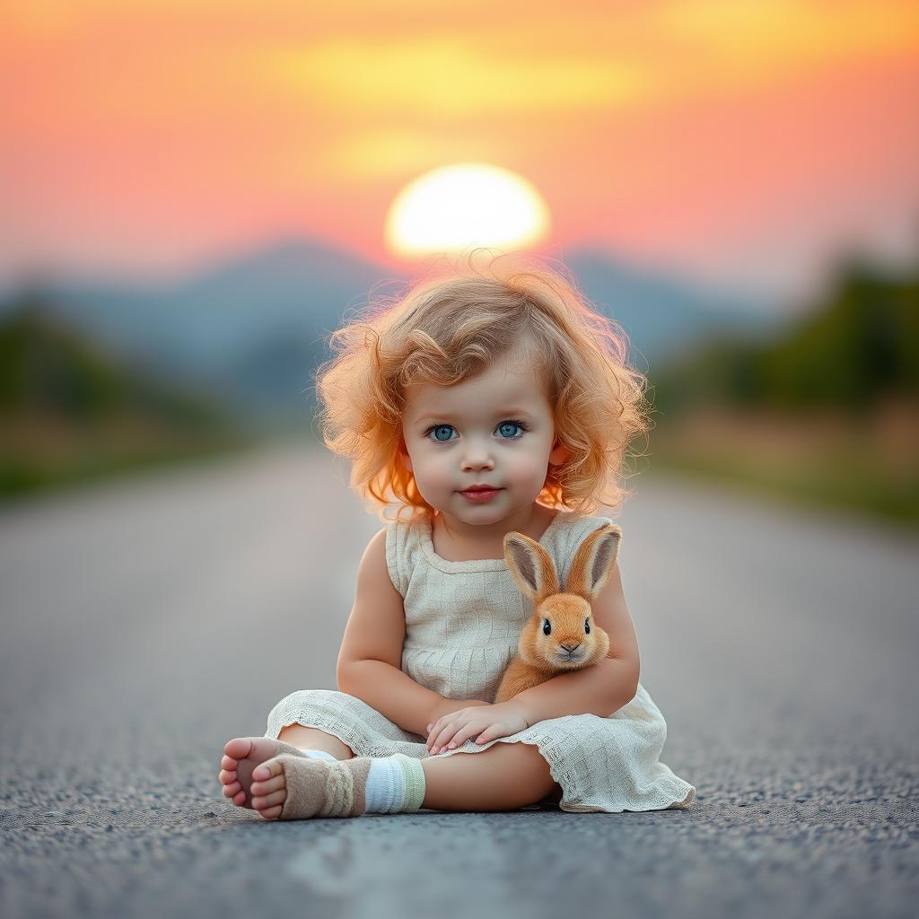 A charming little girl with curly blonde hair and bright blue eyes, sitting in the middle of a quiet road