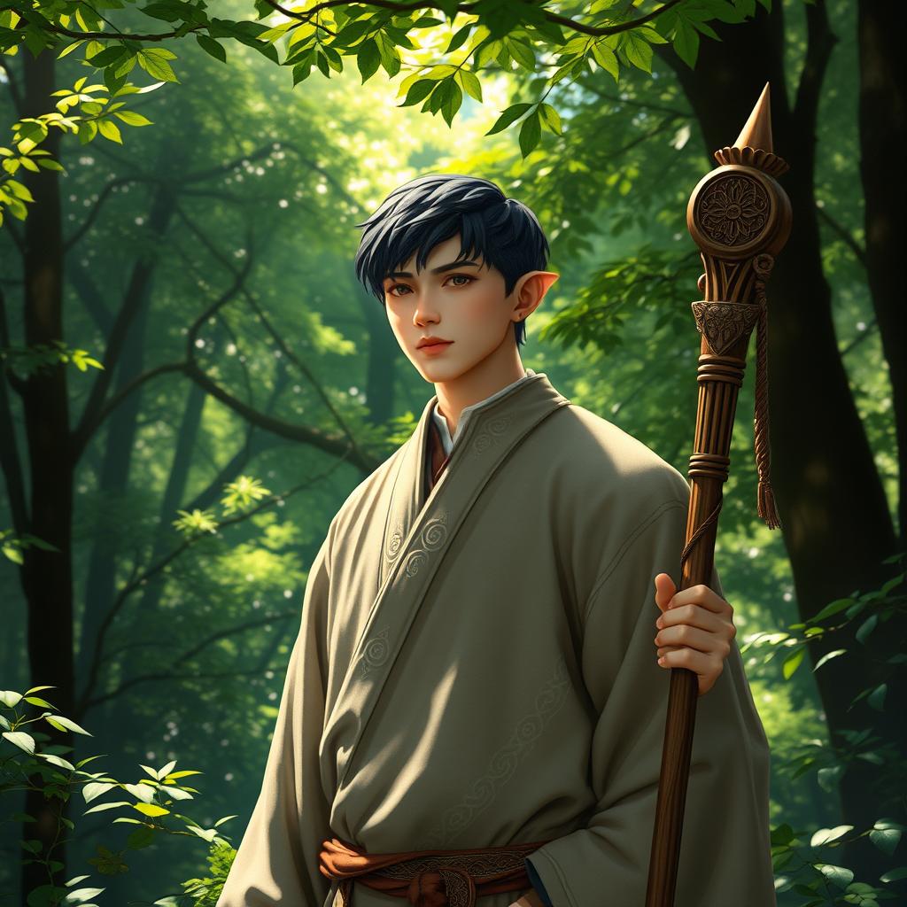 A male half-elf, half-human monk with short dark hair, standing in a tranquil forest setting