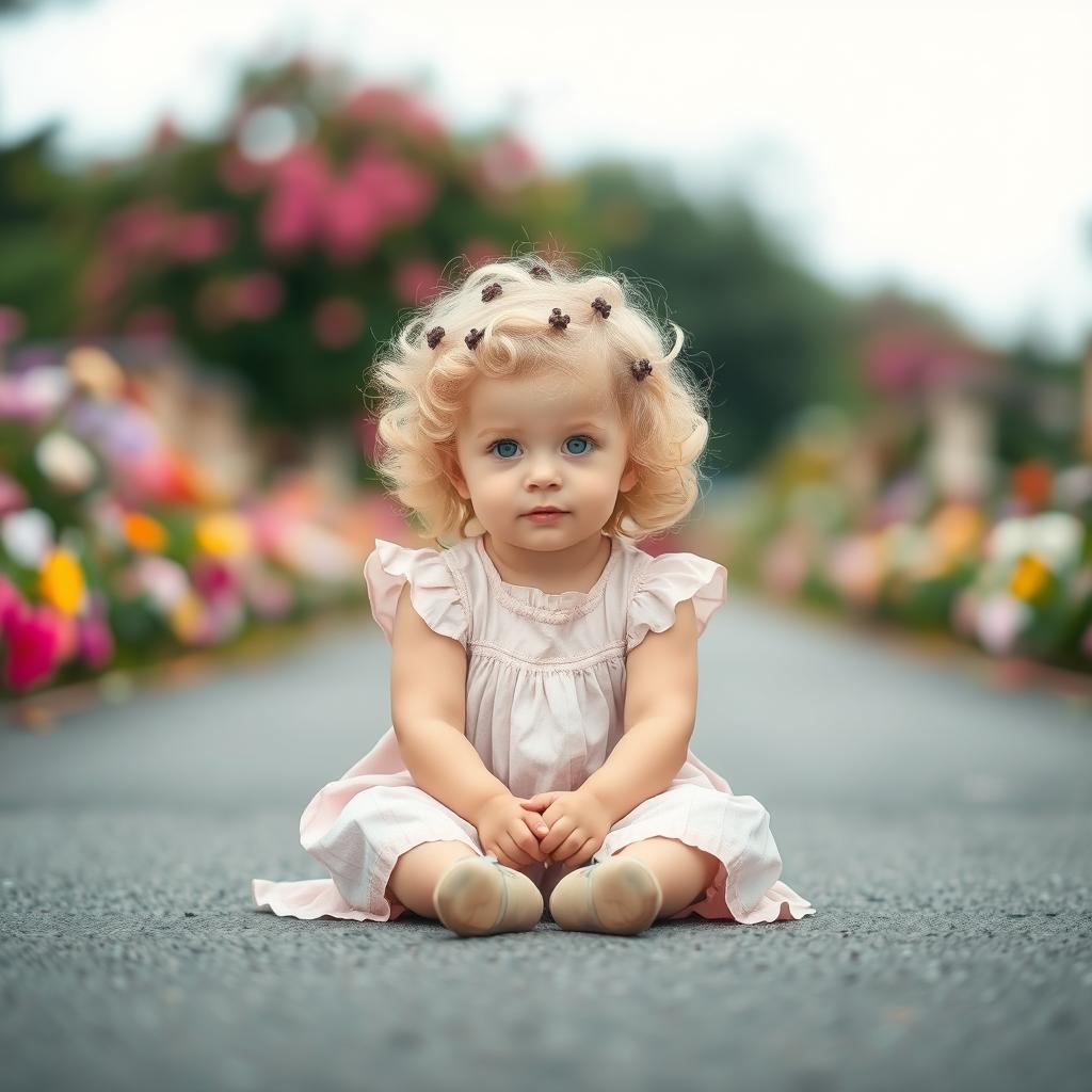 A charming little girl with curly blonde hair and bright blue eyes, sitting in the middle of a serene road