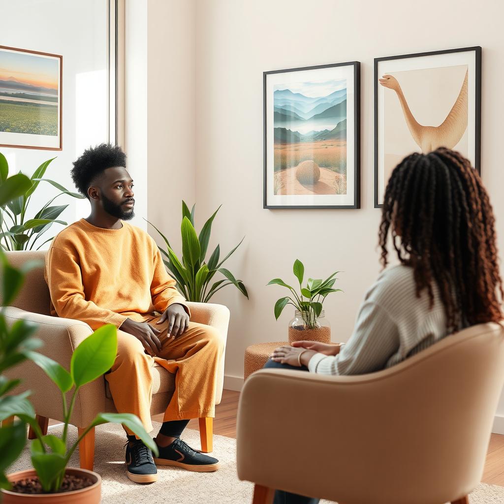 A serene and inviting therapy room scene featuring two Black individuals, one portraying a therapist and the other a client