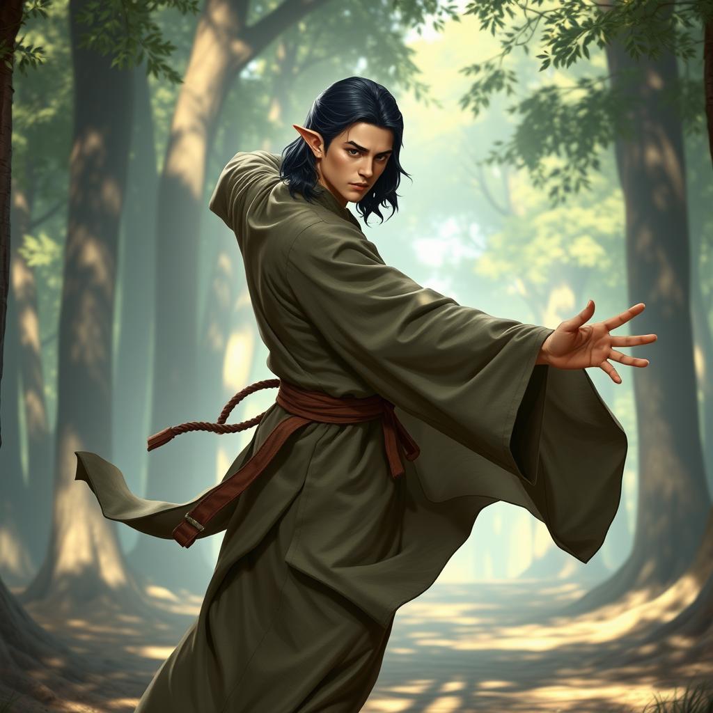 A strong and graceful male Half-Elf Monk, dressed in traditional monk robes that flow elegantly around him