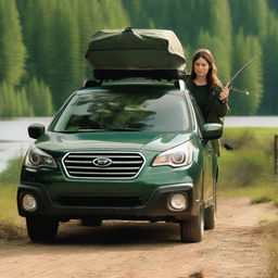 A young brunette woman driving a dark green 2003 model Subaru Outback, with a fishing rod secured on the roof rack.