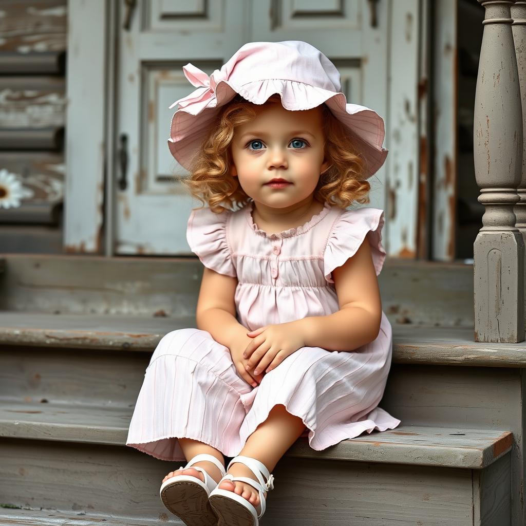 A charming little girl with curly blonde hair and bright blue eyes, sitting on the stairs of an old, weathered house