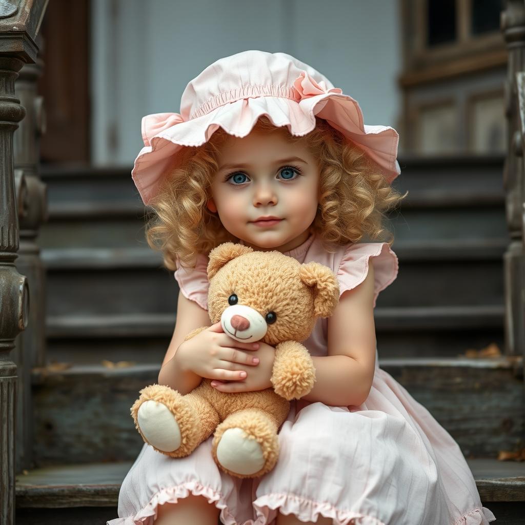 A charming little girl with curly blonde hair and bright blue eyes, sitting on the stairs of an old house