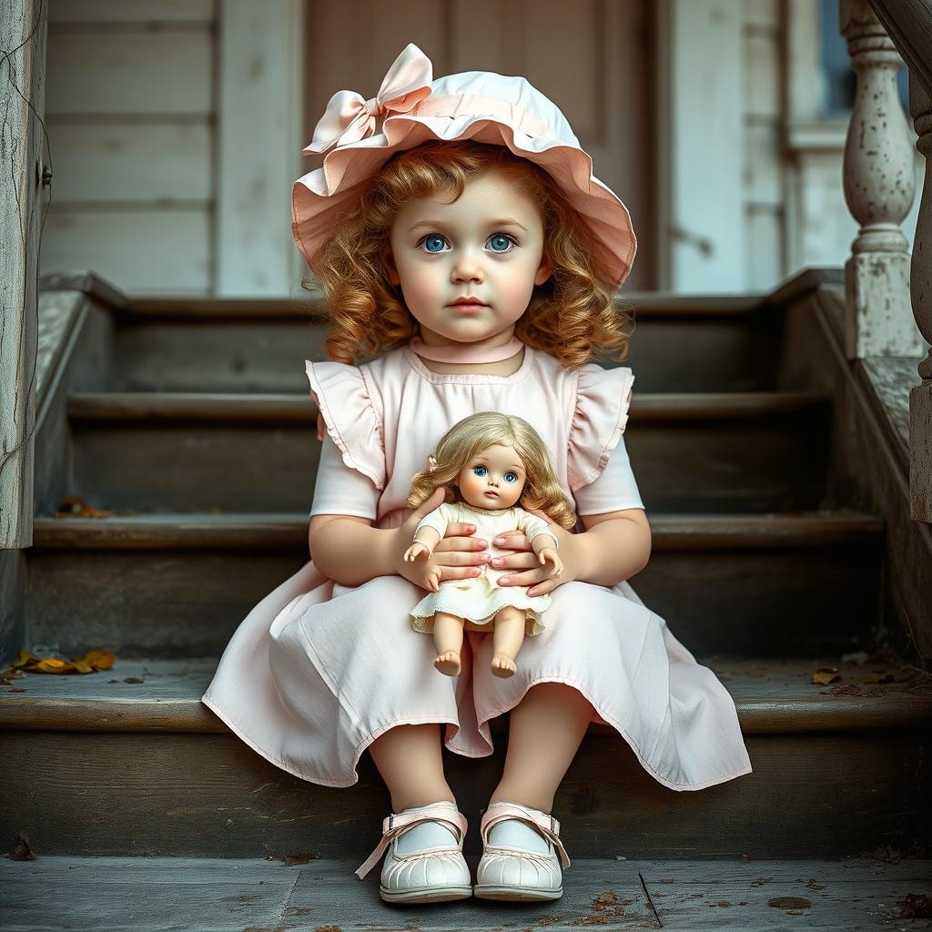 A charming little girl with curly blonde hair and bright blue eyes, sitting on the stairs of an old house