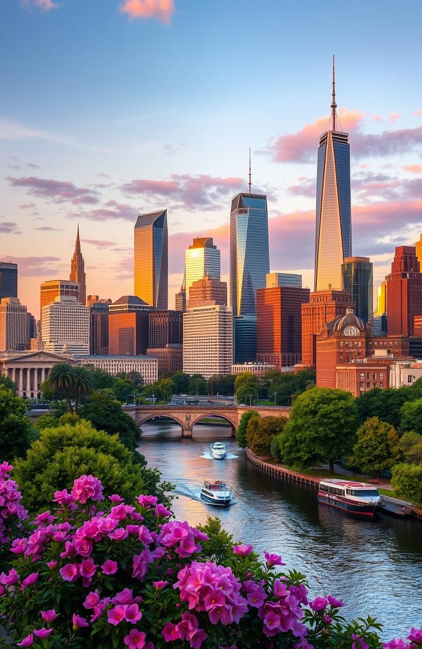 A vibrant city skyline at sunset, with a panoramic view showcasing tall skyscrapers reflecting warm golden and pink hues from the setting sun, lush parks with blooming flowers in the foreground, and a serene river flowing gently through the scene, with boats gliding across the water, creating a picturesque urban landscape filled with life and color