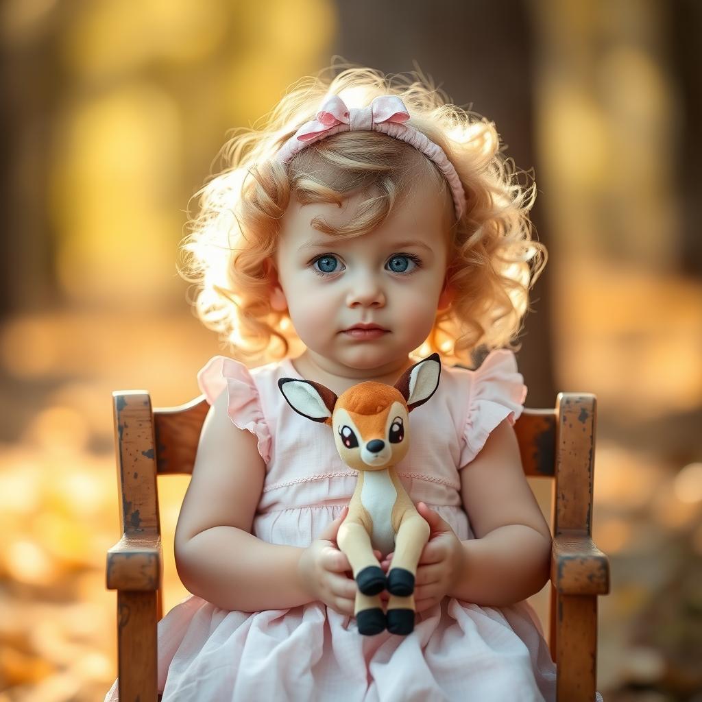 A charming little girl with curly blonde hair and bright blue eyes, sitting in an old toy chair