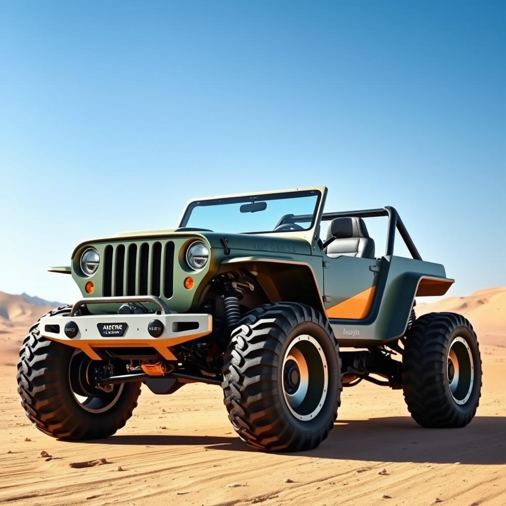 A futuristic 2030 hybrid vehicle design that combines elements of a classic Jeep Willys with an electric buggy