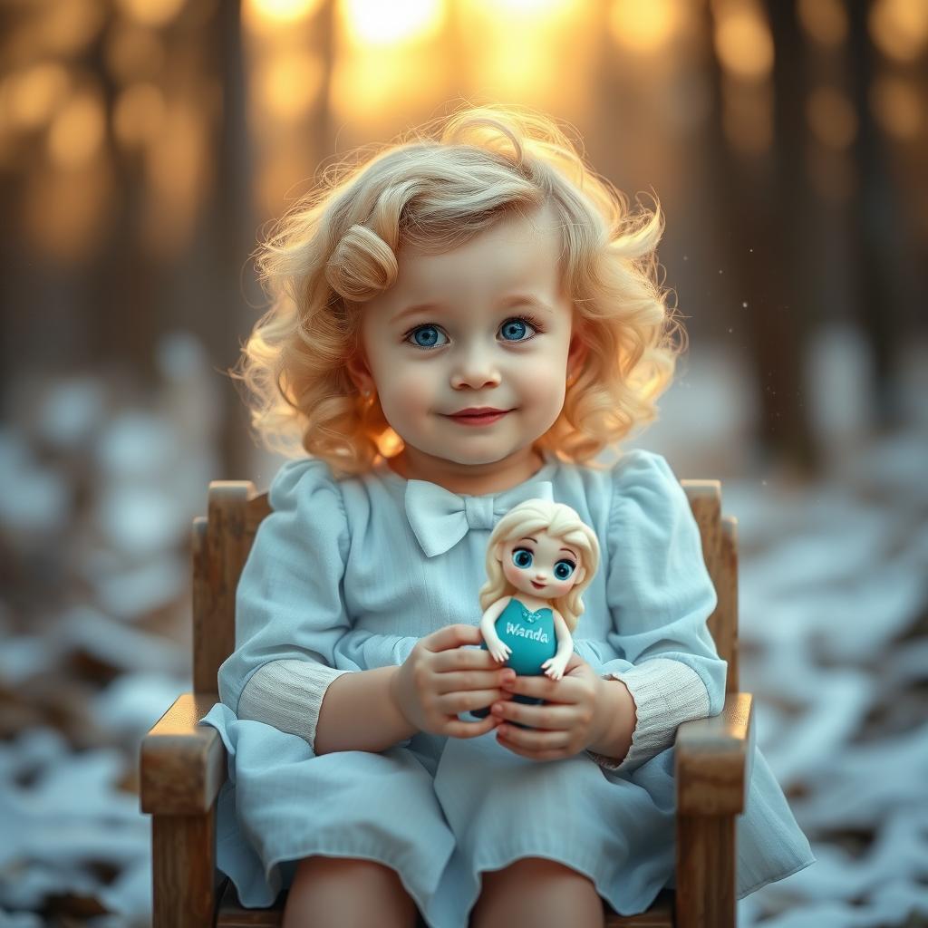 A charming little girl with curly blonde hair and bright blue eyes, sitting in an old toy chair