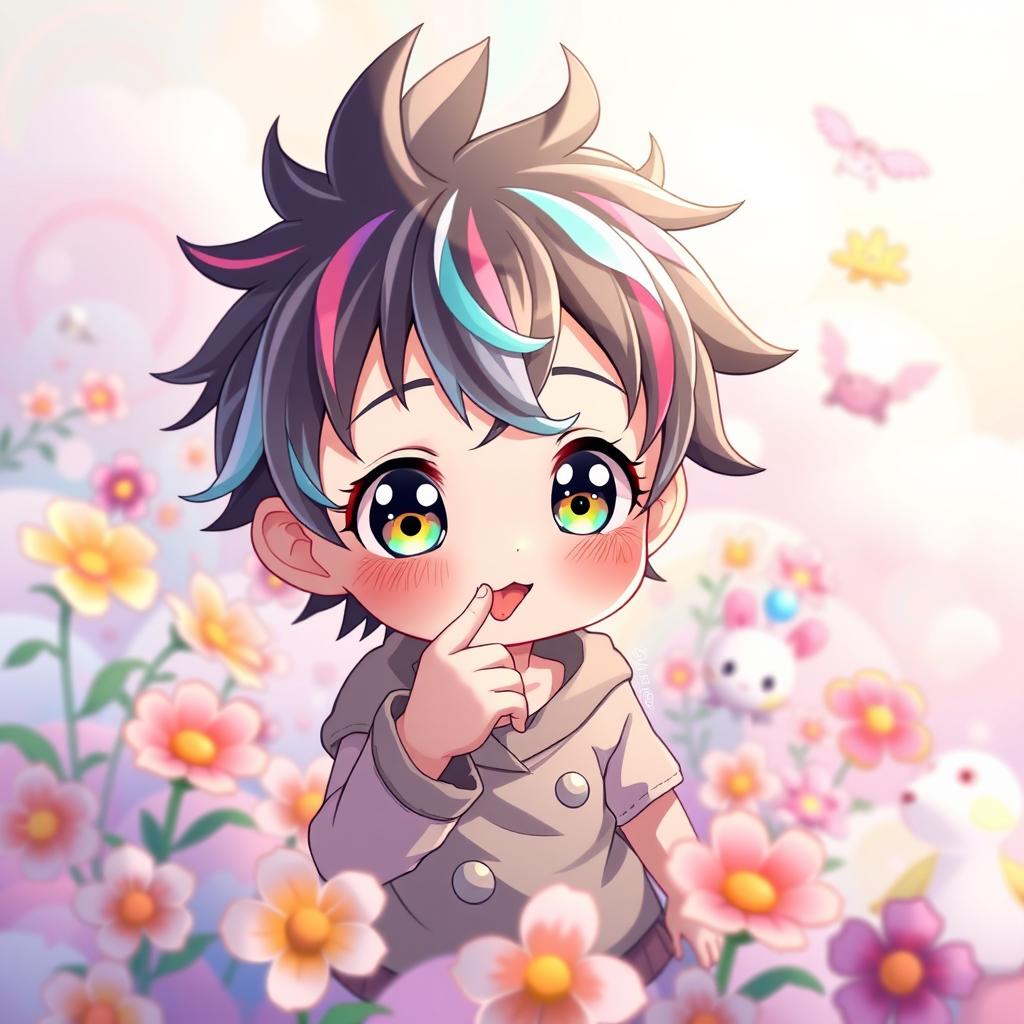 A whimsical anime-style character, a child with bright, expressive eyes and a playful smile, playfully licking their hand