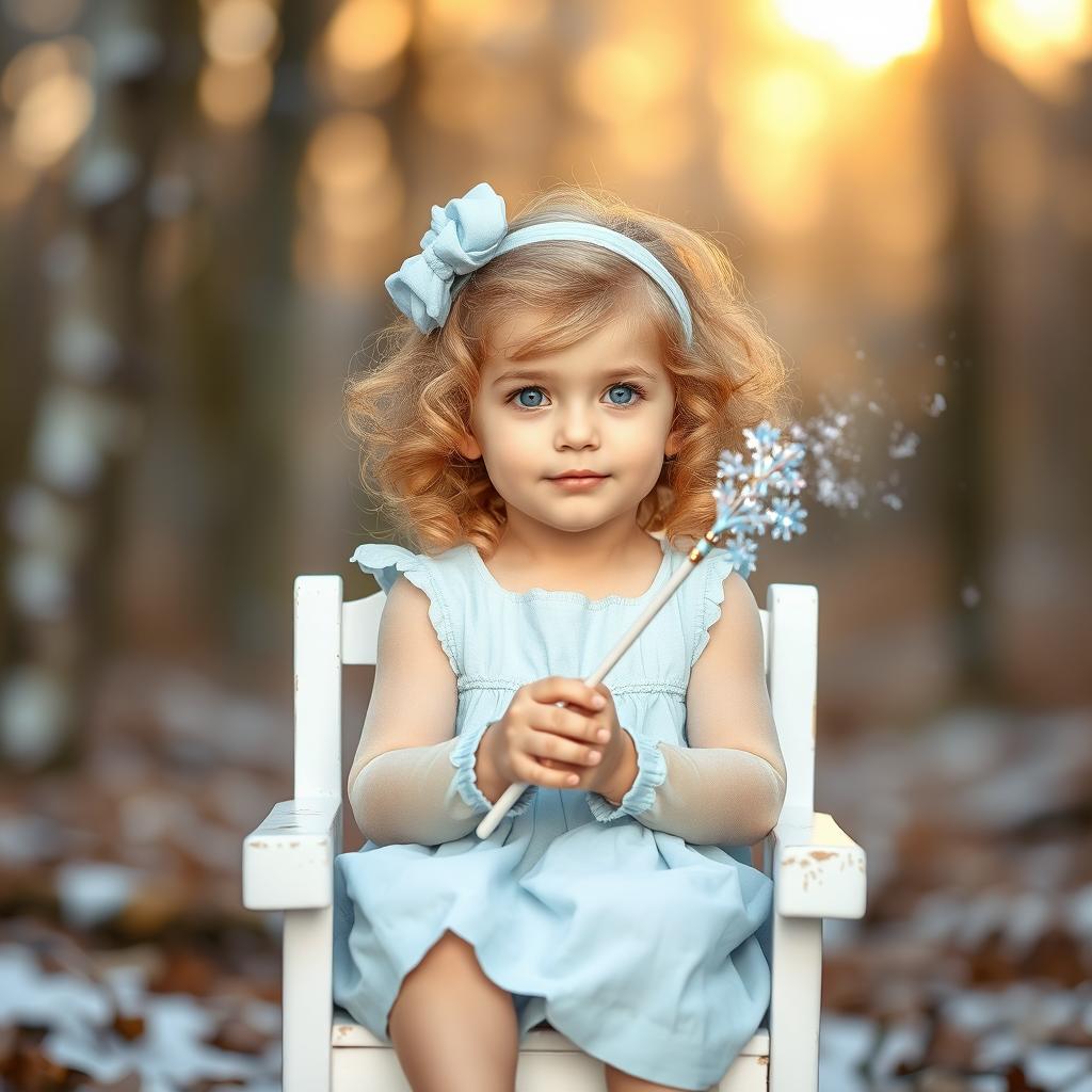 A charming little girl with curly blonde hair and bright blue eyes, sitting in a white old toy chair