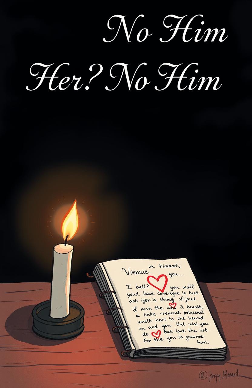 A conceptual illustration featuring a title in elegant script reading "Her? No Him" prominently at the top