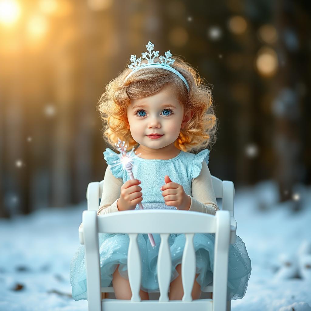 A charming little girl with curly blonde hair and bright blue eyes, sitting in a white old toy chair