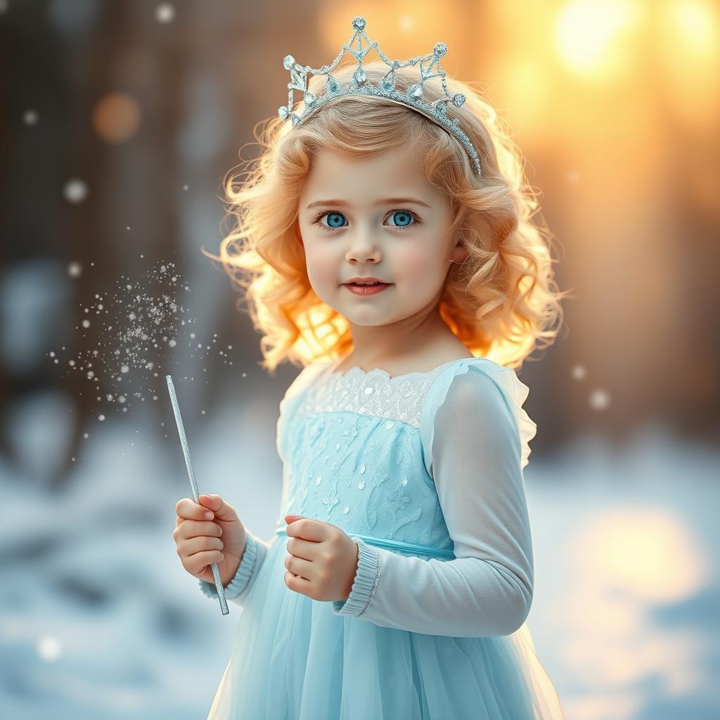A charming little girl with curly blonde hair and bright blue eyes, standing gracefully