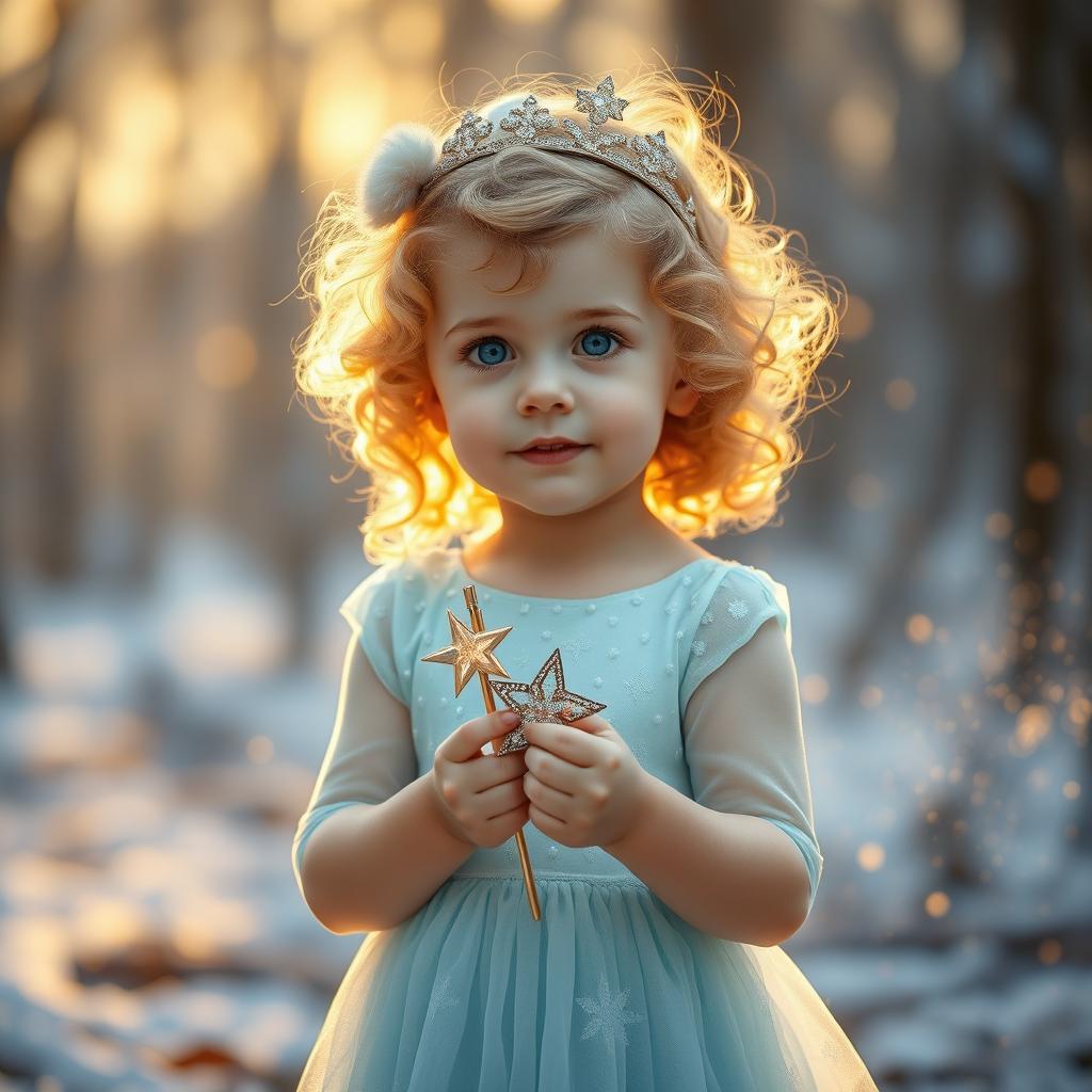 A charming little girl with curly blonde hair and bright blue eyes, standing gracefully