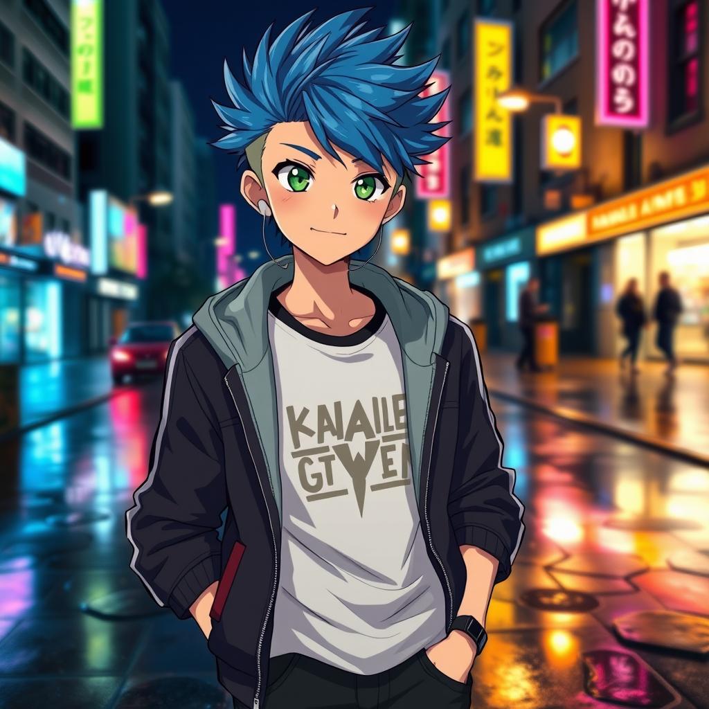 A stylish anime boy with spiky blue hair and bright green eyes, wearing a trendy jacket over a graphic tee, standing confidently in an urban setting