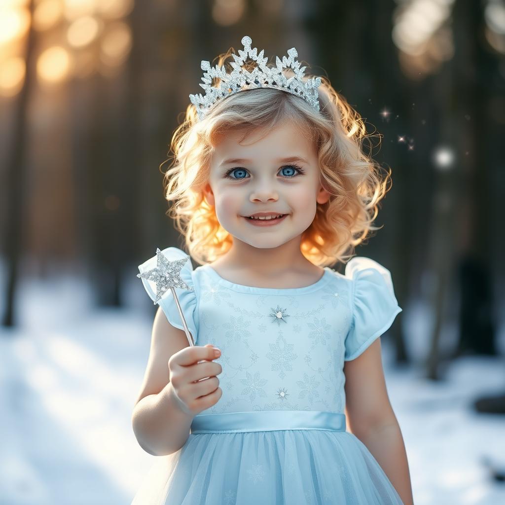 A charming little girl with curly blonde hair and bright blue eyes, standing joyfully