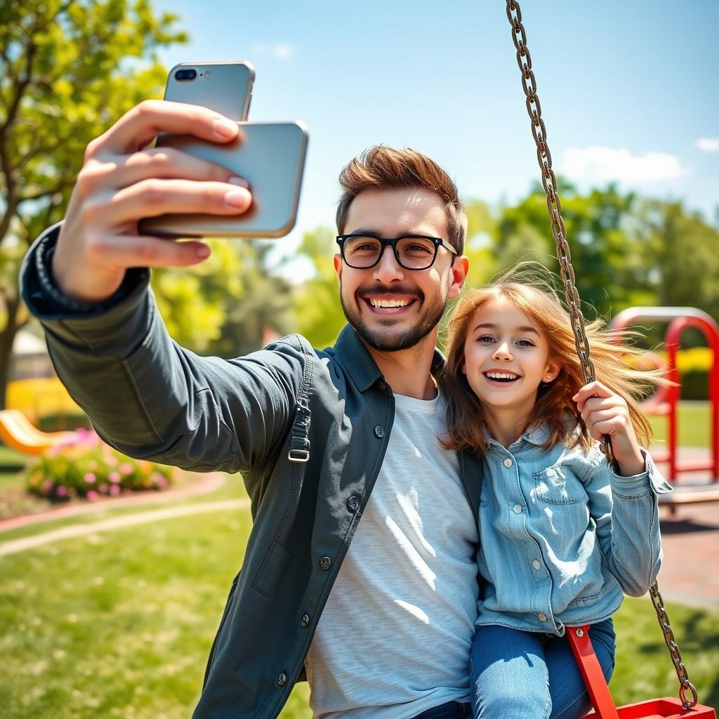 A vibrant and joyful scene featuring a man taking a selfie with a girl on a swing