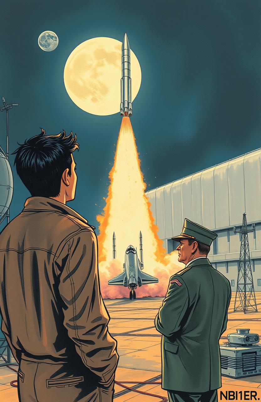 A vintage drawing depicting a spy scene featuring a young thin American man with black hair standing beside an older American army general