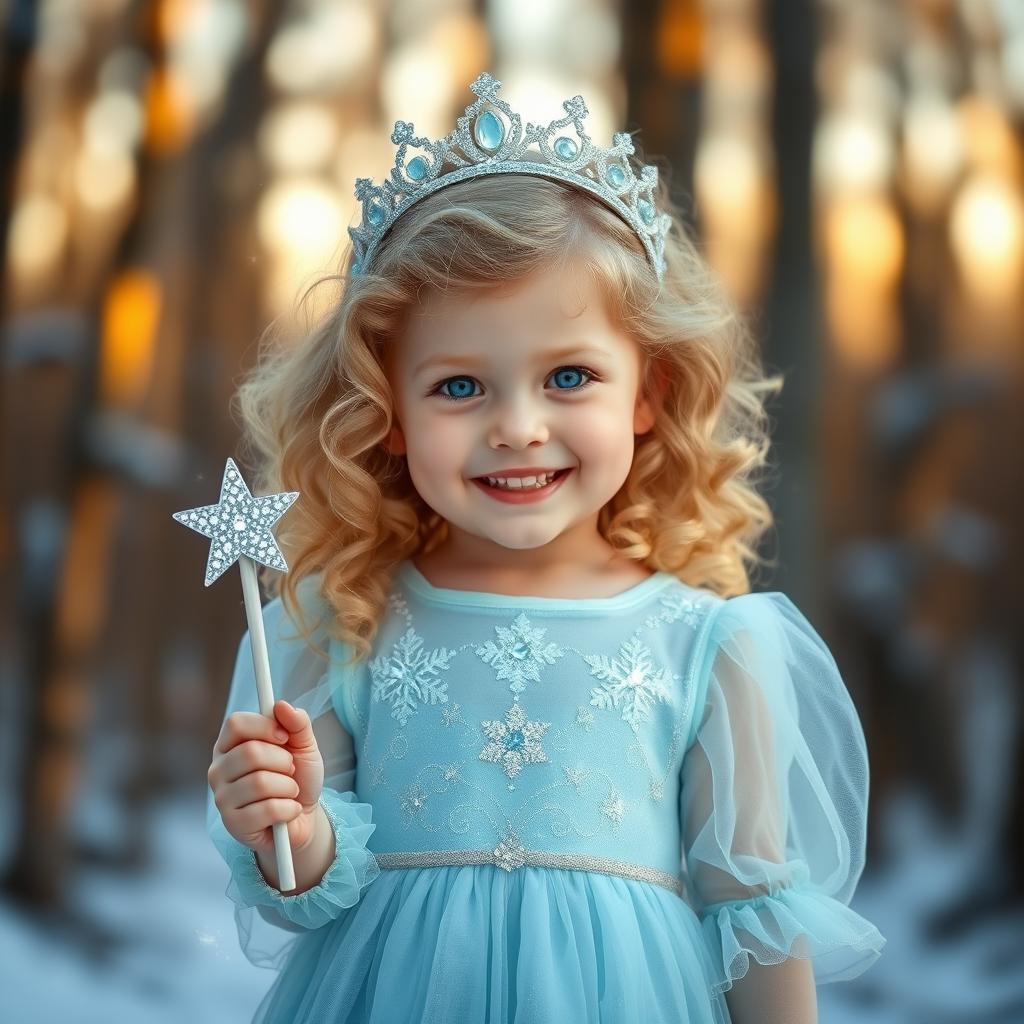 A charming little girl with curly blonde hair and bright blue eyes, standing joyfully