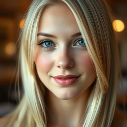 A close-up portrait of a beautiful young woman with striking features, her hair bleached to a platinum blonde, shimmering under soft lighting