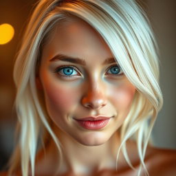 A close-up portrait of a beautiful young woman with striking features, her hair bleached to a platinum blonde, shimmering under soft lighting