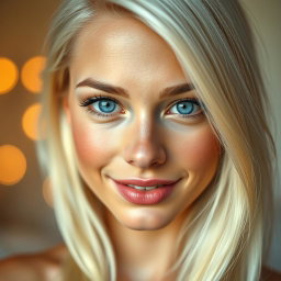 A close-up portrait of a beautiful young woman with striking features, her hair bleached to a platinum blonde, shimmering under soft lighting
