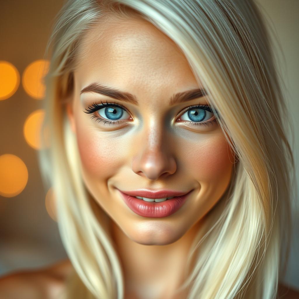 A close-up portrait of a beautiful young woman with striking features, her hair bleached to a platinum blonde, shimmering under soft lighting
