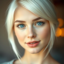 A close-up portrait of a beautiful young woman with striking features, her hair bleached to a platinum blonde, shimmering under soft lighting