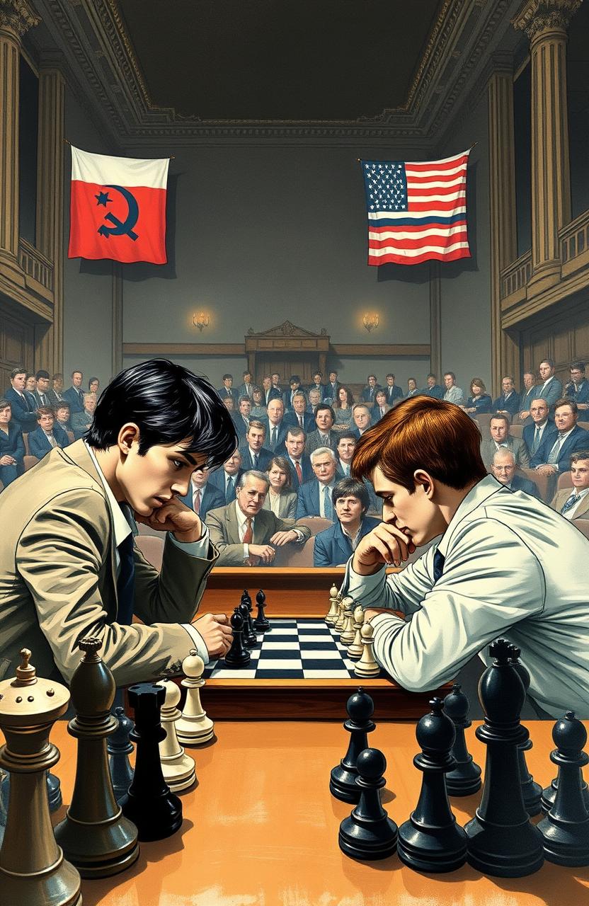 A vintage drawing featuring two young handsome men engaged in a tense game of chess