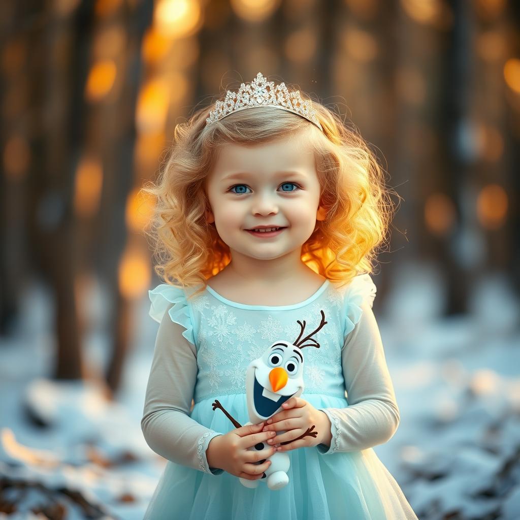 A charming little girl with curly blonde hair and bright blue eyes, standing happily