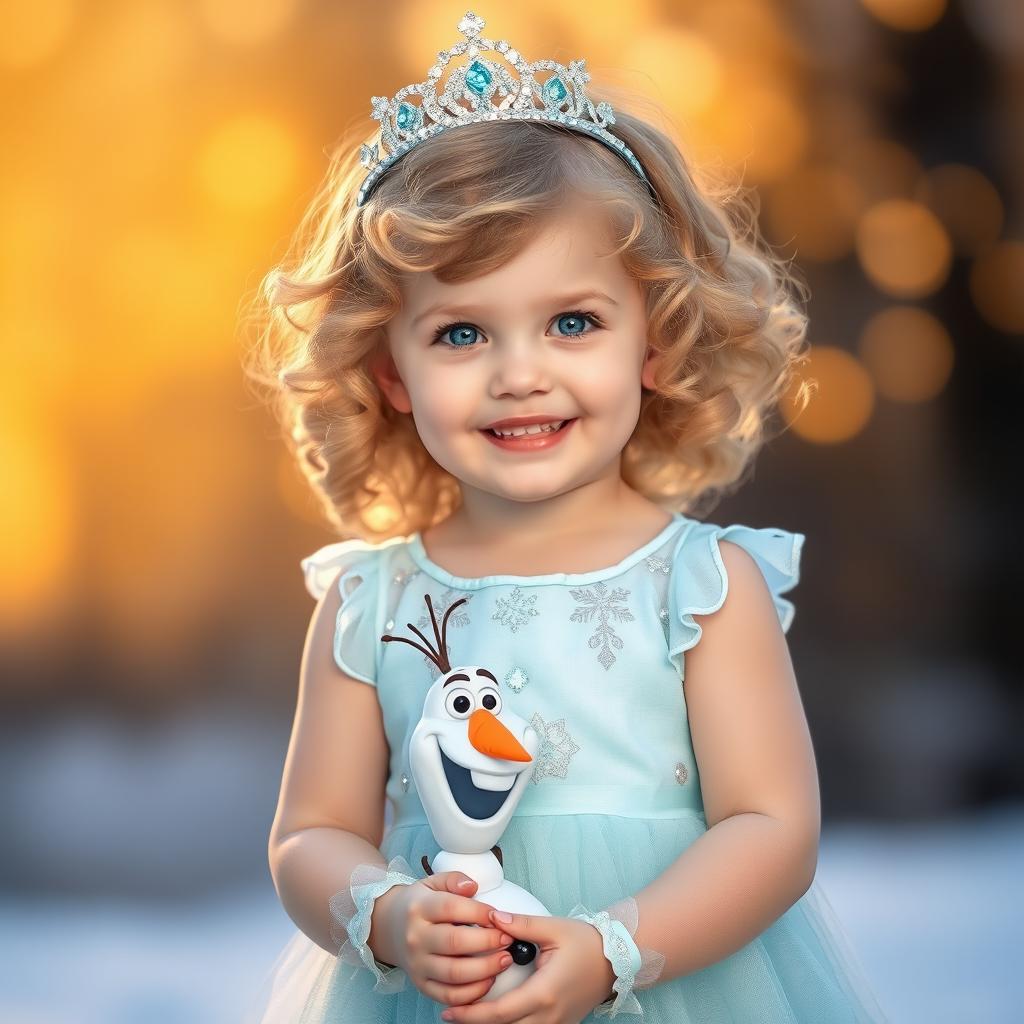 A charming little girl with curly blonde hair and bright blue eyes, standing happily