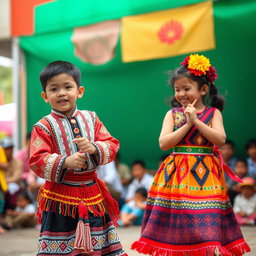 A vibrant scene depicting a traditional Igorot dance during a harvest festival, showcasing a young boy dressed in a finely adorned bahag with intricate beadwork, and a girl in a colorful tapis featuring bold geometric patterns