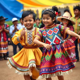 A vibrant scene depicting a traditional Igorot dance during a harvest festival, showcasing a young boy dressed in a finely adorned bahag with intricate beadwork, and a girl in a colorful tapis featuring bold geometric patterns