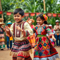 A vibrant scene depicting a traditional Igorot dance during a harvest festival, showcasing a young boy dressed in a finely adorned bahag with intricate beadwork, and a girl in a colorful tapis featuring bold geometric patterns