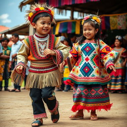 A vibrant scene depicting a traditional Igorot dance during a harvest festival, showcasing a young boy dressed in a finely adorned bahag with intricate beadwork, and a girl in a colorful tapis featuring bold geometric patterns