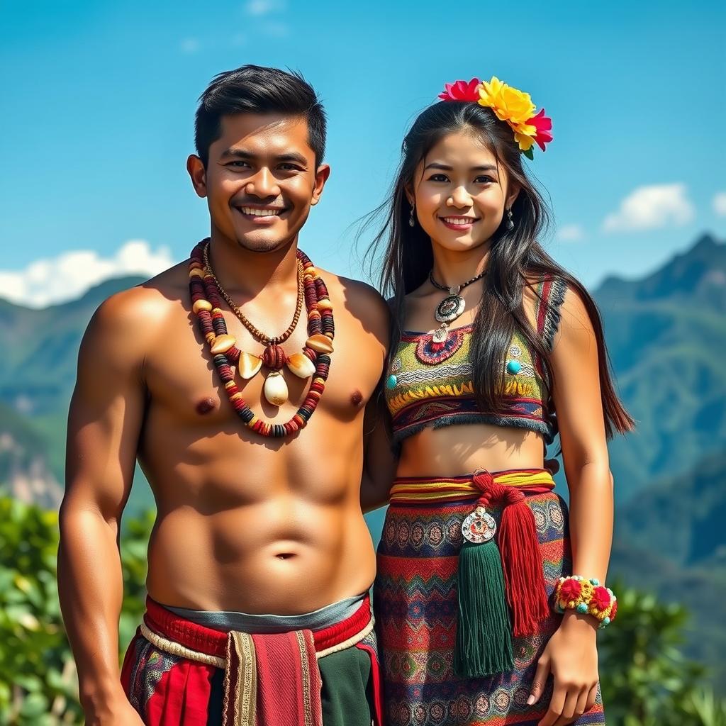 A handsome man and a beautiful girl dressed in traditional Igorot tribal attire from the Philippines, featuring colorful woven fabrics, intricate beading, and traditional accessories