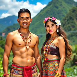 A handsome man and a beautiful girl dressed in traditional Igorot tribal attire from the Philippines, featuring colorful woven fabrics, intricate beading, and traditional accessories