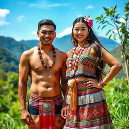 A handsome man and a beautiful girl dressed in traditional Igorot tribal attire from the Philippines, featuring colorful woven fabrics, intricate beading, and traditional accessories