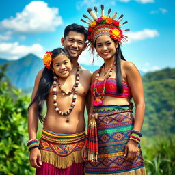 A handsome man and a beautiful girl dressed in traditional Igorot tribal attire from the Philippines, featuring colorful woven fabrics, intricate beading, and traditional accessories