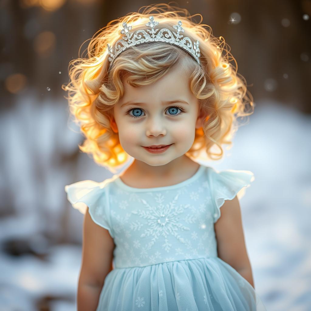 A charming little girl with curly blonde hair and bright blue eyes, standing happily