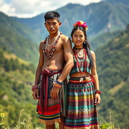 A captivating full-body image of a handsome man and a beautiful girl dressed in traditional Igorot tribal attire from the Philippines