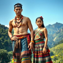 A captivating full-body image of a handsome man and a beautiful girl dressed in traditional Igorot tribal attire from the Philippines