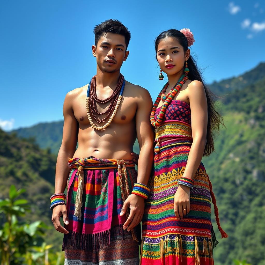 A captivating full-body image of a handsome man and a beautiful girl dressed in traditional Igorot tribal attire from the Philippines