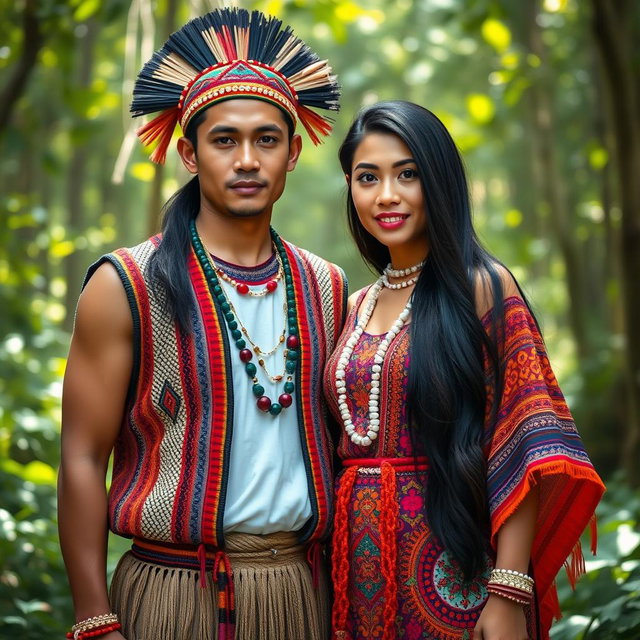 A full-body portrait of a handsome man and a beautiful woman, both dressed in intricate traditional Igorot tribal attire from the Philippines
