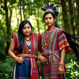 A full-body portrait of a handsome man and a beautiful woman, both dressed in intricate traditional Igorot tribal attire from the Philippines