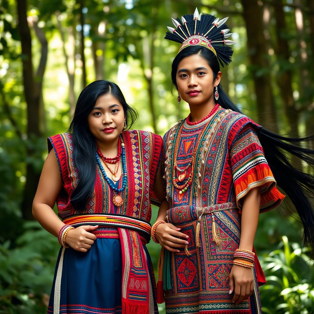 A full-body portrait of a handsome man and a beautiful woman, both dressed in intricate traditional Igorot tribal attire from the Philippines
